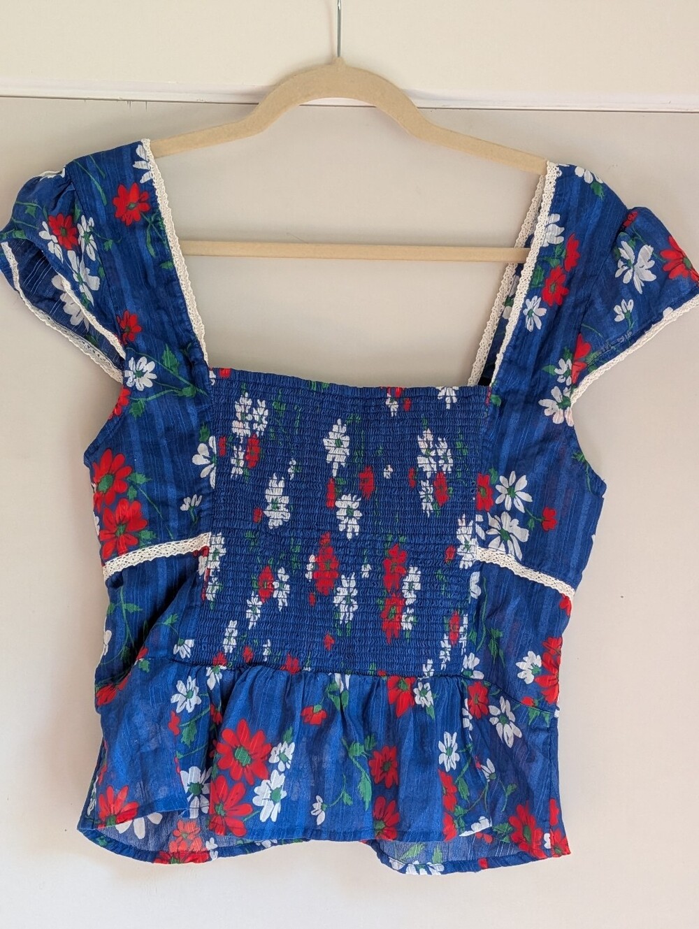 Free People Blue Floral Tie Front Peplum Top Cottagecore Boho Sz L - Picture 5 of 8